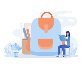 Fototapeta premium Back to school illustration set. Characters preparing to start a new academic year. Students studying lessons, reading books and organizing school backpack. Education concept. flat vector illustration