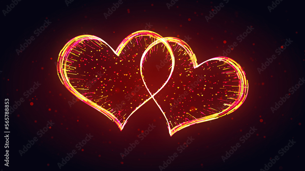 Poster red yellow shiny couple of hearts connected shape 3d lines effect with tiny hearts particles on dark