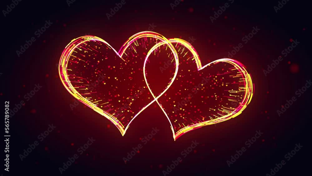 Poster red yellow shiny couple of hearts connected shape 3d lines effect with twinkle tiny hearts particles