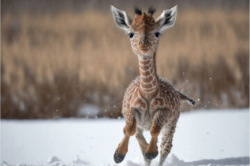 Naklejka na ściany i meble Giraffe in winter, little giraffe. Illustration. Generative AI