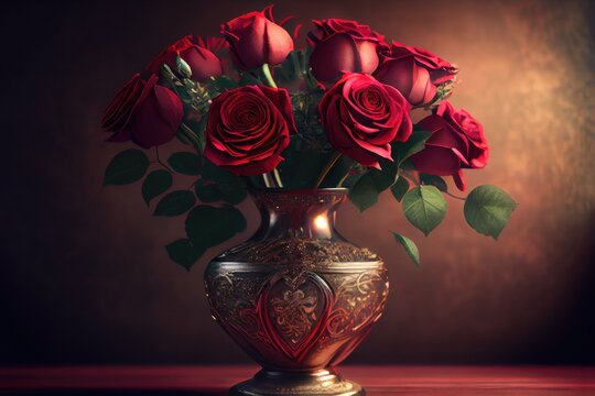 Valentine's Day Valentine Dozen Roses in Vase Love Romantic Red Background Image