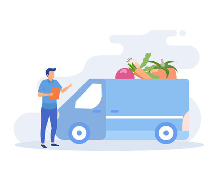 Grocery Shipping Illustration. Character Buying Online Fresh Organic Vegetables, Paying For An Order And Getting Groceries Delivered. Flat Vector Modern Illustration