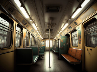 interior of a train, metro wide angle - Generative AI