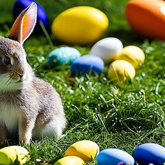Easter Bunny and Eggs in the Grass, Generative AI