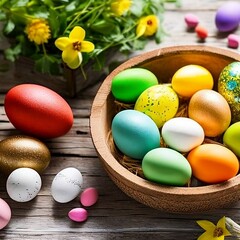 Easter Eggs in a Basket with Many Colors, Generative AI