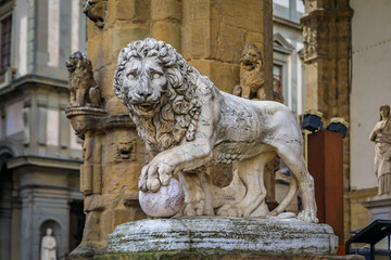 Medici lion outside Palazzo Vecchio on Square of Signoria in Florence, Italy