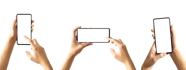 Hands holding black smart phone mock up product display presentation.