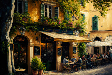 Fototapeta na wymiar A café in Paris is charming and lively, showing narrow and picturesque streets, brick houses and sloping roofs. The café has a lively terrace with wrought iron tables and chairs.