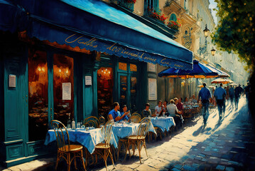 Fototapeta na wymiar A café in Paris is charming and lively, showing narrow and picturesque streets, brick houses and sloping roofs. The café has a lively terrace with wrought iron tables and chairs.