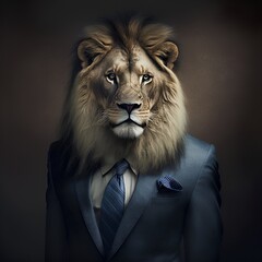 Portrait of a lion dressed in a formal business suit, blue tie, bussiness animals, generative ai