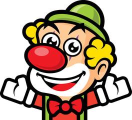 Cute clown with big red nose welcoming hand gesture circus performance cartoon character illustration