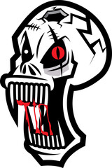 Scary skull clown zombie head open big mouth with sharp teeth cartoon character illustration
