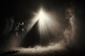 Dark scene with a single spotlight and lots of dust in the air. Generative AI.