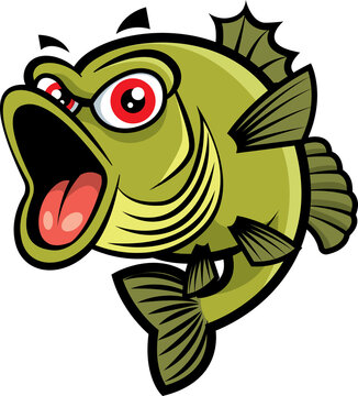 Excited cute red eyes bass fish open big mouth cartoon character illustration
