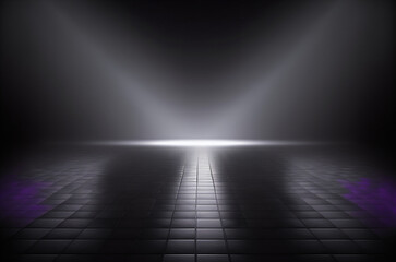 Dramatic spotlight in an empty room with reflective floor scene. Generative AI.