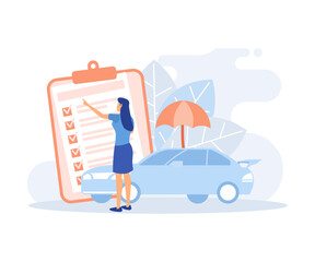 Fototapeta na wymiar Insurance illustration. Characters presenting car, property and family health or life insurance policies with risk coverage. Insured persons and objects. Flat vector modern illustration 