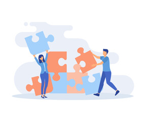 Business illustration. Characters assembling jigsaw puzzle, moving chess figure, planning financial strategy to achieve business goals. Flat vector modern illustration 
