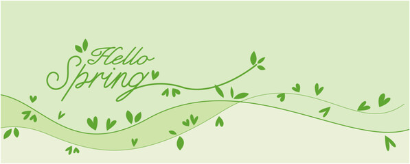 Spring green leaves background. Hello spring lettering and green leaves decoration illustration. Simple spring botanical illustration for Seasonal promotion, event, background and graphic design.