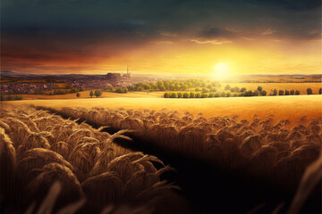 An image of a wheat field waving in the wind, with a peaceful village on the horizon and a setting sun illuminating everything, Generative AI
