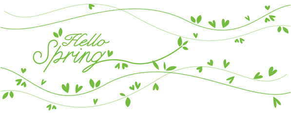 Spring green leaves background. Hello spring lettering and green leaves decoration illustration. Simple spring botanical illustration for Seasonal promotion, event, background and graphic design. - obrazy, fototapety, plakaty