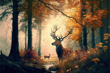 Digital watercolor painting European forest in autumn with trees and wildflowers with deer, Generative AI