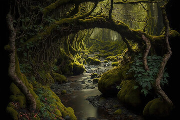Enchanted forest with moss-covered trees and a babbling brook, water, nature, river, forest, stream, tree, green, moss, waterfall, landscape, rock, stone, mountain, creek, rocks, rainforest, spring, 