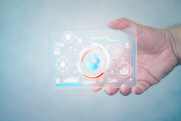 Hand holding HUD of global networking connection, innovation and communication technology. Hand holding icons of earth globe with data exchanges on connection technology, data protection