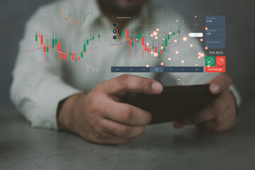 Close up hands holding smartphone with stock market diagrams, hologram with bar chart and growing lines. Numbers and dynamic changes, financial analysis. Technology business investment concept