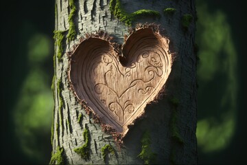 Heart shape carved into a tree truk created with generative ai technology
