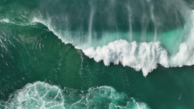 Aerial top-down view Ocean big wave breaking