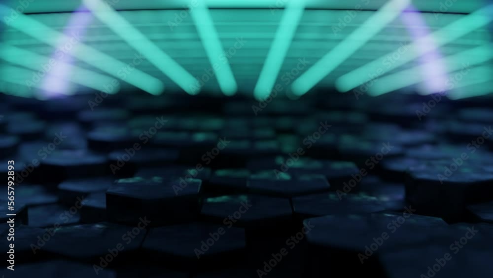 Poster futuristic hexagon background. 3d render. abstract blue green hexagonal pattern. random motion. seam