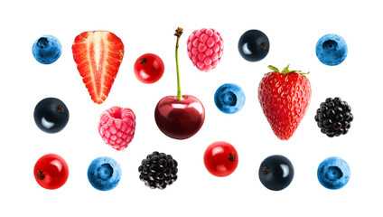 Collection of fresh berries isolated on transparent png. Strawberry, blueberry, cherry, raspberry,...