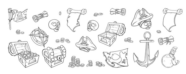 Pirate doodle set. Sketch of chest with coins, treasure map, compass and other pirate belongings. Vector illustration isolated in white background