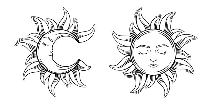 Tarot sun and moon esoteric set. Spiritual tarot elements with celestial and antique symbols. Vector illustration isolated in white background