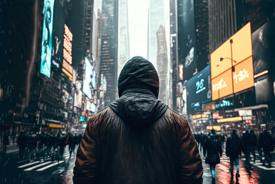 Back view of a man walking in times square, new york - Generative AI