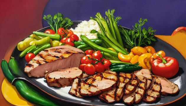 Still-life painting of succulent grilled roasted pork surrounded by colorful vegetables. Generative AI