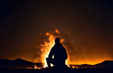 silhouette of a person sitting alone by a bonfire, with the bright flames contrasting against the dark night sky (AI Generated)