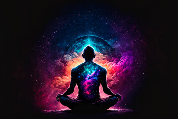 Back view Man sitting in yoga lotus pose and his connection to space - illustration - Generative AI