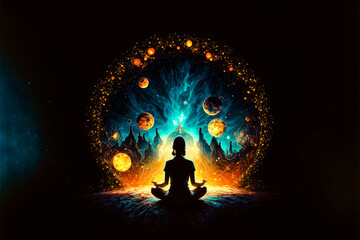 Back view Woman sitting in yoga lotus pose and his connection to space - illustration - Generative AI