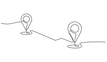 A continuous one line drawing of a google map view in an urban area. route directions and locations. Simple pins on way between two points in thin Linear style. Gps navigation and Travel concept.