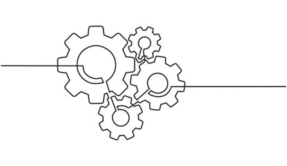 Continuous line drawing of machine gears. concept of gears on a machine in single line style. Engine gear technology concept in doodle style.
