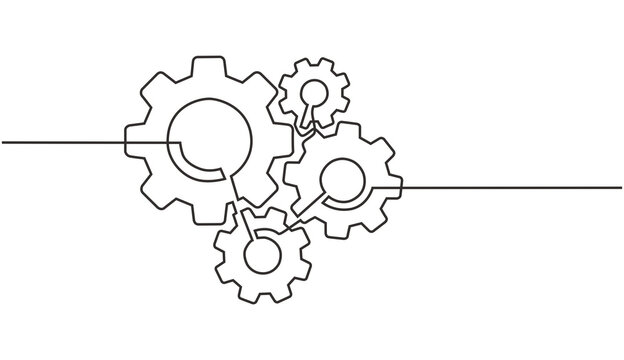 Continuous line drawing of machine gears. concept of gears on a machine in single line style. Engine gear technology concept in doodle style.