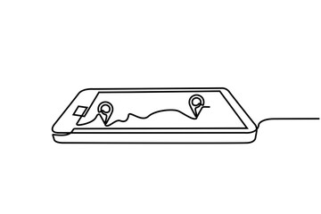 Draw one continuous line from a cell phone operating a Google map. a cell phone and directions and location. Simple pin between two points in thin Linear style. Gps Navigation and Travel concept.