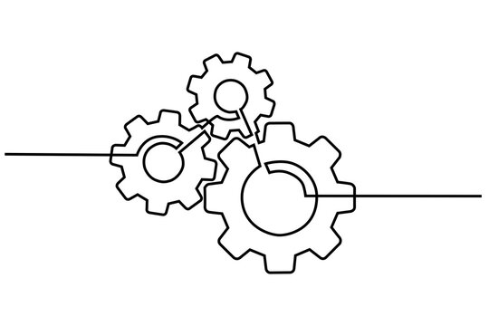 Continuous Line Drawing Of Machine Gears. Concept Of Gears On A Machine In Single Line Style. Engine Gear Technology Concept In Doodle Style.