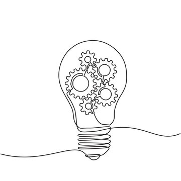 recommend clip art: Continuous one line drawing of light bulbs with metal gears inside. can be for machine company identity. Creative automotive repair shop icon concept in doodle style.