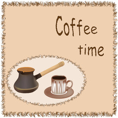 Square serviette with grunge wavy fringe. Applique with coffee cup and  coffee pot. Lettering  Coffee time . Isolated on white