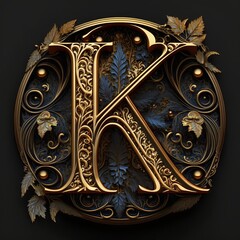 Golden Filigree Inlaid Letter K
