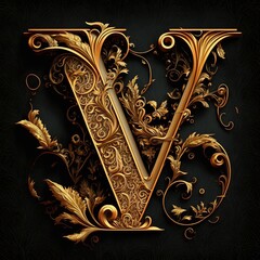Golden Filigree Inlaid Letter V