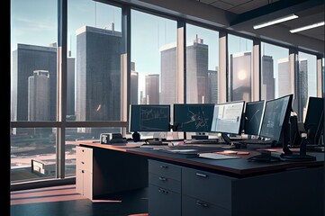 well-equipped business center with computers, and other office equipment made with generative ai