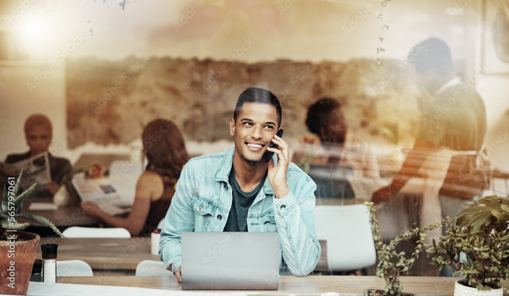 Poster phone call, talking and man with laptop in cafe with smile and networking for freelance job in resta